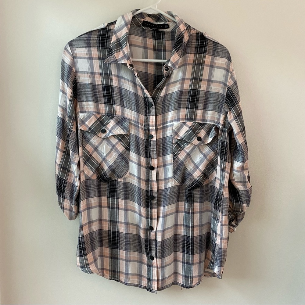 Sanctuary Boyfriend Casual Button Front Long Sleeve Shirt Pink Black Plaid Small